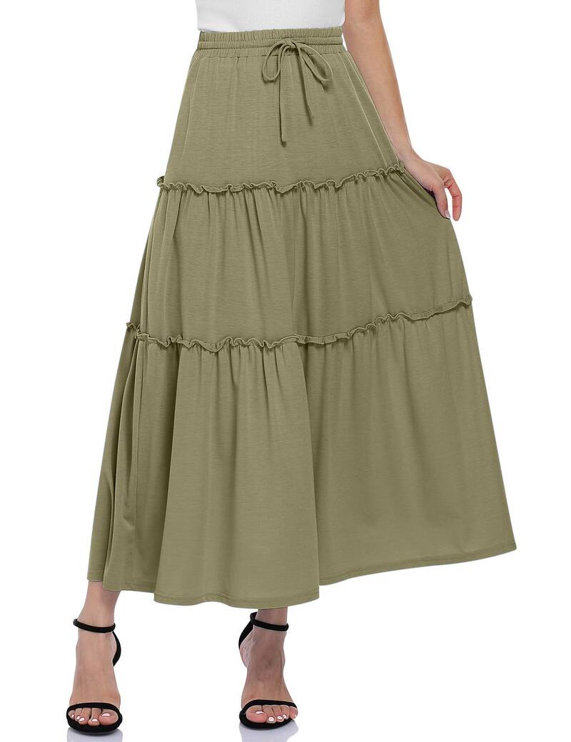 クリアラブ レディース 下つ方スコート フラウンス裾 御機嫌酉の方角 フラウンス マキシ Clearlove Women\u0027s High Waist Maxi Skirt Ruffle Hem Drawstring Casual Skirt Green 緑であること