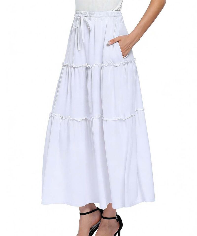 クリアラブ レディース 下つ方スコート フラウンス裾 御機嫌酉の方角 フラウンス マキシ Clearlove Women\u0027s High Waist Maxi Skirt Ruffle Hem Drawstring Casual Skirt White 白いこと