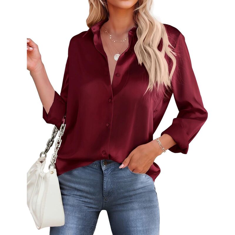 ジーグー レディース トップス プルオーバー 繻子 Zeagoo Women\u0027satin Long Sleeve Button Up Shirts Loose Collared Office Business Dressy Casual Tops Wine Red 赤いこと