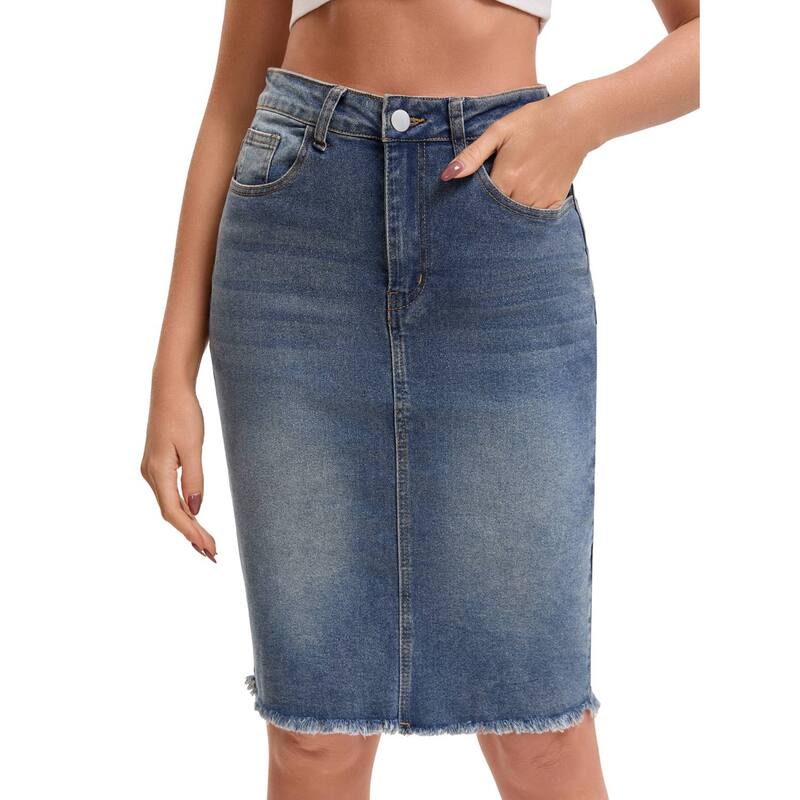 インスパイア 今めかしい レディース 下つ方スコート ひざ丈 ジーンズ INSPIRE CHIC Women\u0027s Denim Skirt Raw Hem High Waisted Pocketstretch Knee Length Jean Skirts Dark Gray Blue 薄墨色