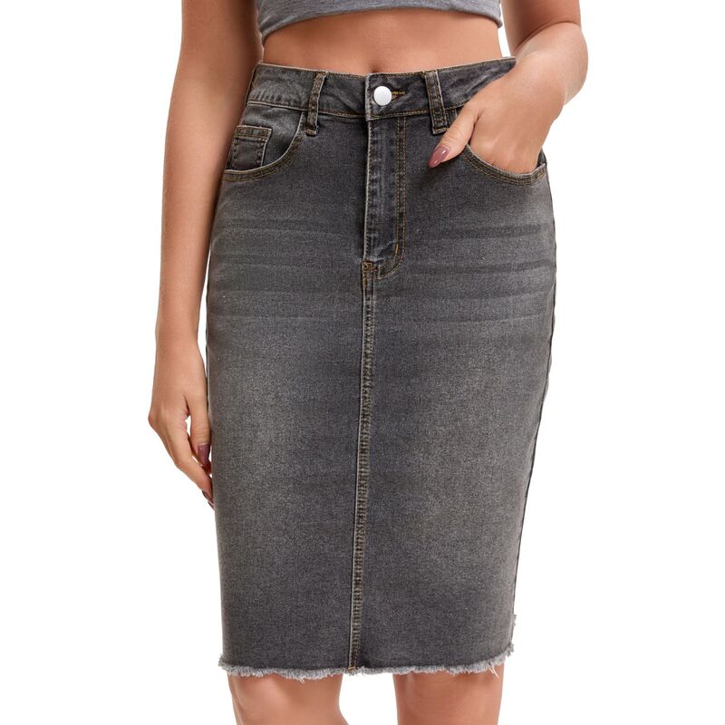 インスパイア 今めかしい レディース 下つ方スコート ひざ丈 ジーンズ INSPIRE CHIC Women\u0027s Denim Skirt Raw Hem High Waisted Pocketstretch Knee Length Jean Skirts Gray 薄墨色