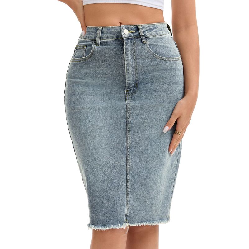 インスパイア 今めかしい レディース 下つ方スコート ひざ丈 ジーンズ INSPIRE CHIC Women\u0027s Denim Skirt Raw Hem High Waisted Pocketstretch Knee Length Jean Skirts Gray Blue 薄墨色