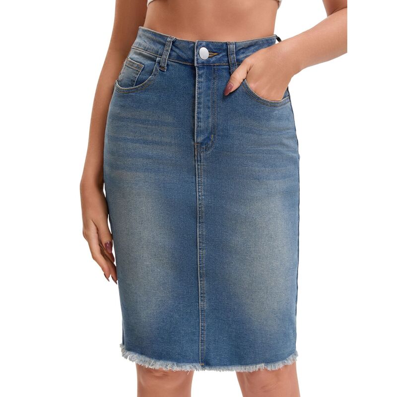 インスパイア 今めかしい レディース 下つ方スコート ひざ丈 ジーンズ INSPIRE CHIC Women\u0027s Denim Skirt Raw Hem High Waisted Pocketstretch Knee Length Jean Skirts Retro Blue 青色