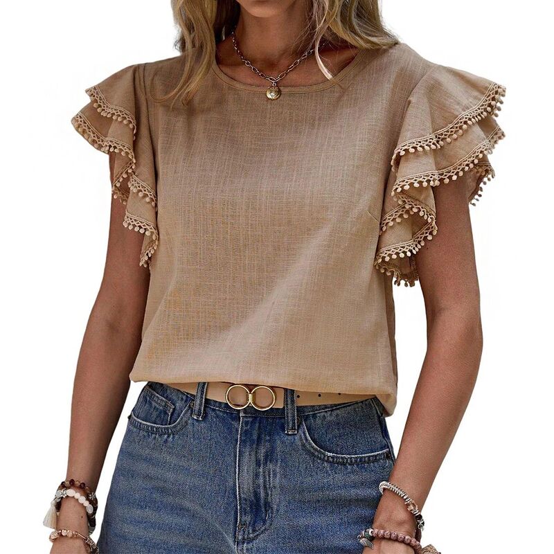 クリアフラワー レディース トップス シャツ ティアード フリル ブラウス ClearFlower Women'short Sleeve Blouse with Pom Trim Tiered Ruffle Sleeveshirts Khaki カーキ｜ReVida 店