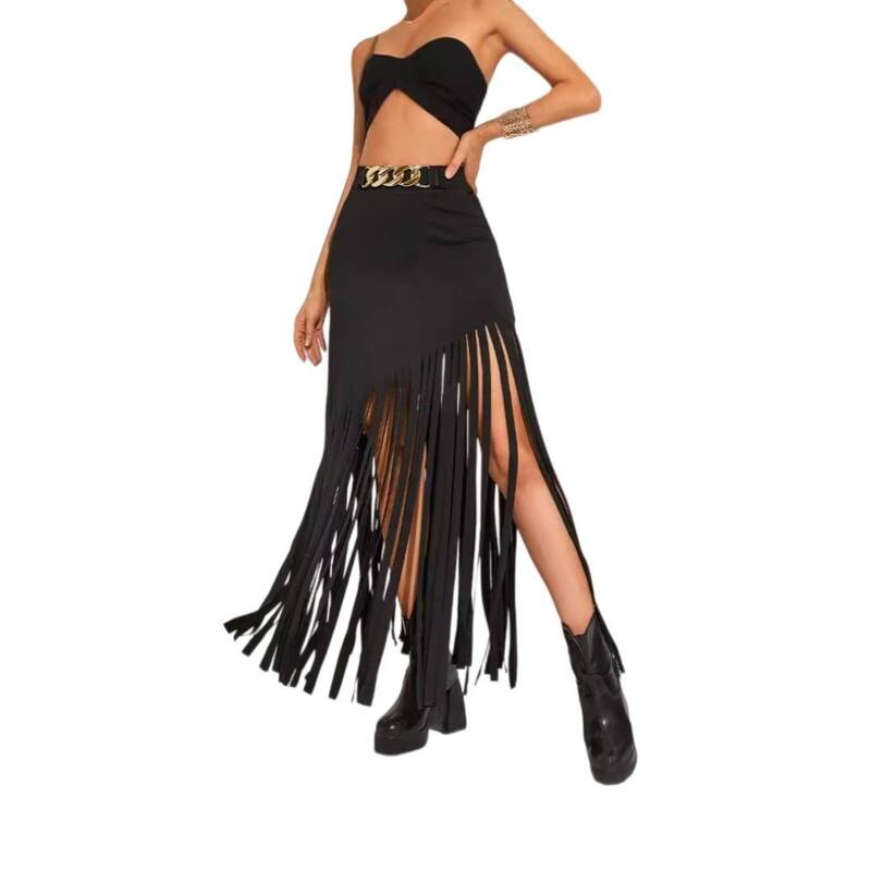 エリートチョイス レディース 下つ方スコート 非対称 フリンジ 御機嫌酉の方角 Elitechoice High-Waist Bodycon Fringe Skirt with Asymmetrical Hem Long Festival Party Punk Style with Tassels Black 黒いこと