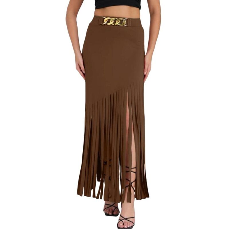 エリートチョイス レディース 下つ方スコート 非対称 フリンジ 御機嫌酉の方角 Elitechoice High-Waist Bodycon Fringe Skirt with Asymmetrical Hem Long Festival Party Punk Style with Tassels Brown 赤銅色
