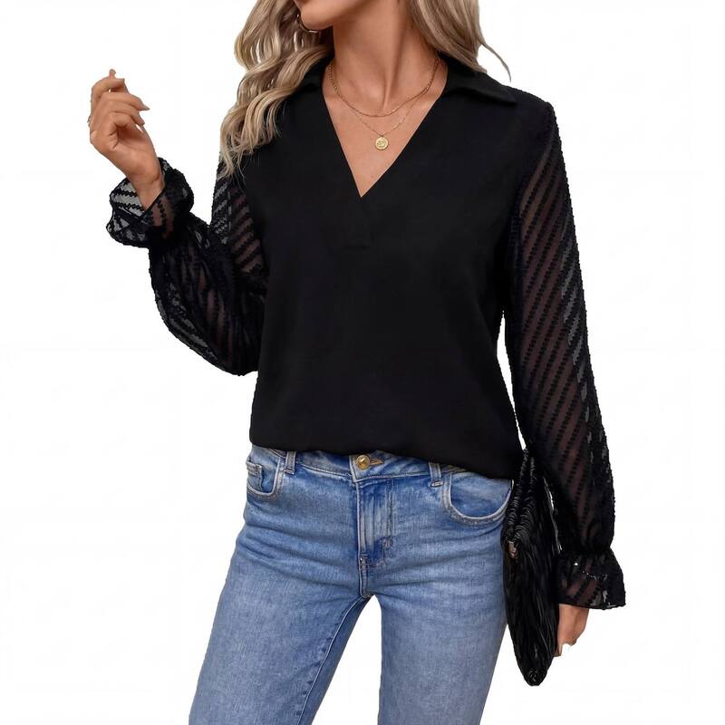 コジョイン レディース トップス プルオーバー Vのど首 トップ Kojooin Women Long Sleeve Blouse V Neck Elegant Shirt Black 黒いこと