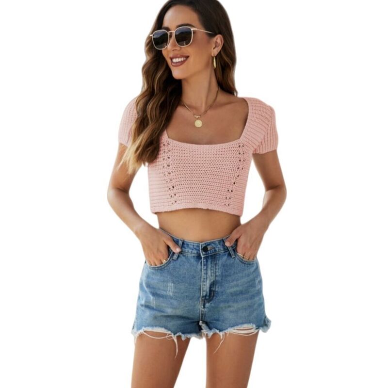 上半身大きさ レディース トップス プルオーバー ギャザー トップ 編み物 BODDYSIZE Women Short Sleeve Ruched Topsquare Neck Blouses Going Out Knit Basic Tees Pink サクラ色