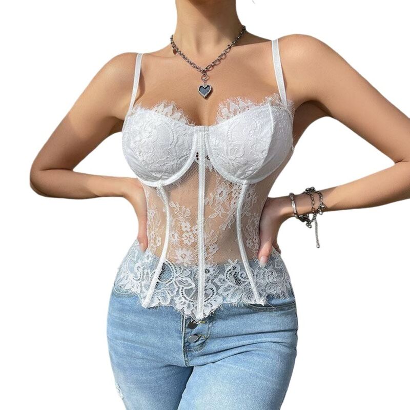 上半身大きさ レディース トップス プルオーバー シアー スピード競技 BODDYSIZE Women\u0027spaghetti Strap Tops Lace Sheer Cami Bustier Crop Corsetop Stylish White 白いこと