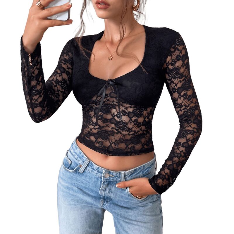 コジョイン レディース トップス プルオーバー Vのど首 トップ スピード競技 Kojooin Women V Neck Top Long Sleeve Lace See Through Crop Blouse Black 黒いこと