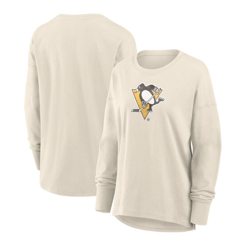 ファナティクス レディース トップス プルオーバー ロゴタイプ Women\u0027s Fanatics Cream Pittsburgh Penguins Distressed Logo Long Sleeve T-Shirt Png Beige ベージュ