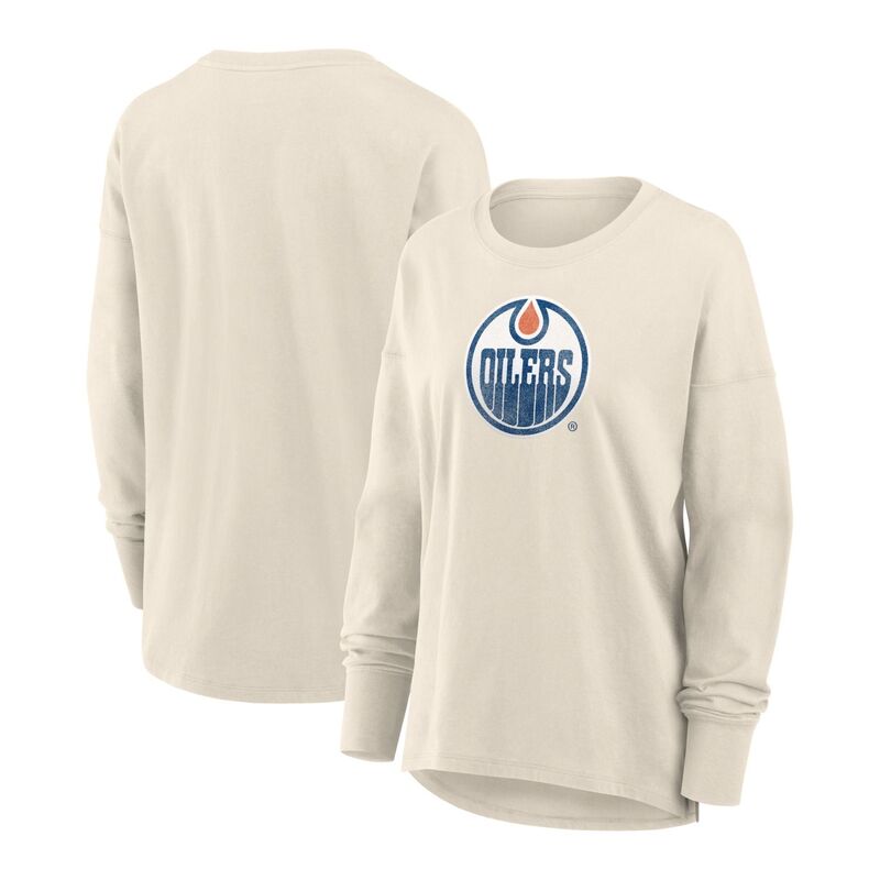 ファナティクス レディース トップス プルオーバー ロゴタイプ Women\u0027s Fanatics Cream Edmonton Oilers Distressed Logo Long Sleeve T-Shirt Oil Beige ベージュ