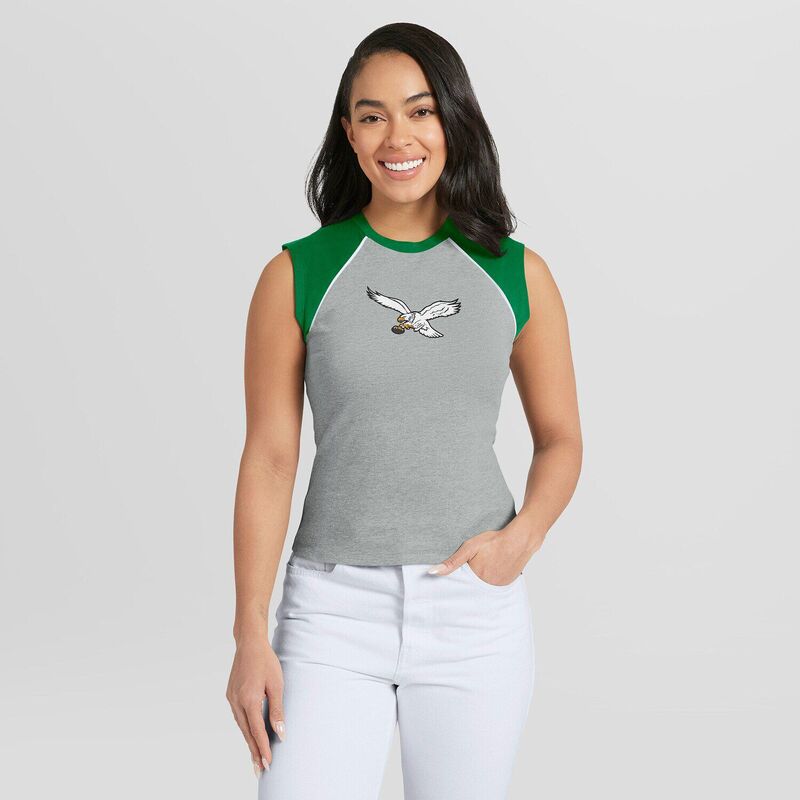 お召しもの バイ エリン アンド濫りがわしい レディース トップス プルオーバー クロップド Women\u0027s WEAR by Erin Andrews Heather Gray Philadelphia Eagles Cropped Raglan Tank Top Eagrey 薄墨色