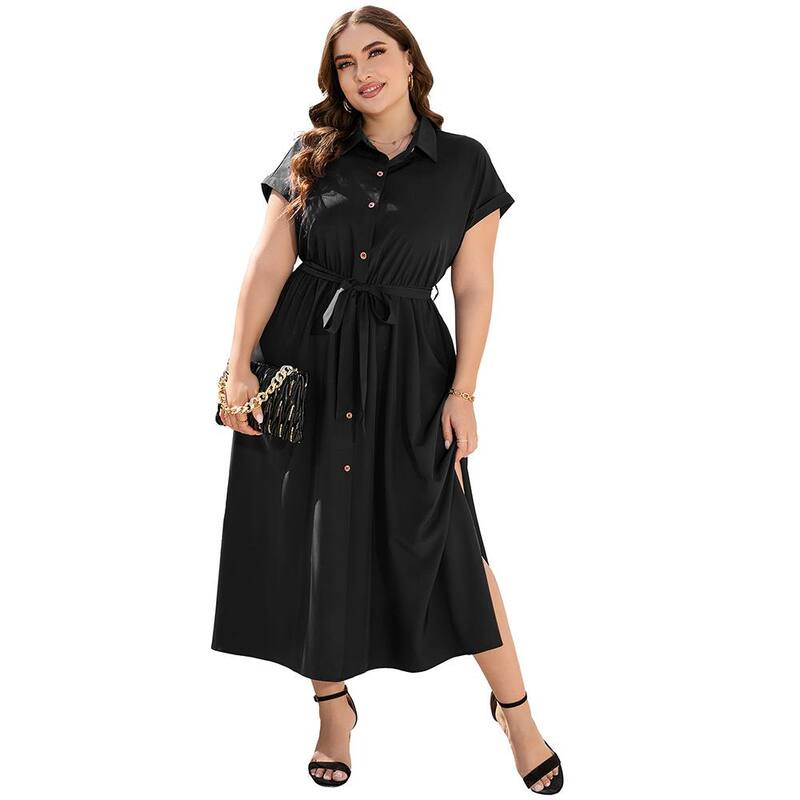 ミスキー レディース トップス ワンピース ボタンダウン ポロシャツ プラスサイズ ダウン マキシ MISSKY Plusize Maxi Dresses For Women Summer Tie Belt Work Polo Dress Business Casual Button Down Dress Black ブラック|ReVida 店