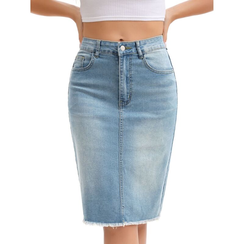インスパイア 今めかしい レディース 下つ方スコート ひざ丈 ジーンズ INSPIRE CHIC Women\u0027s Denim Skirt Raw Hem High Waisted Pocketstretch Knee Length Jean Skirts Light Blue 青色