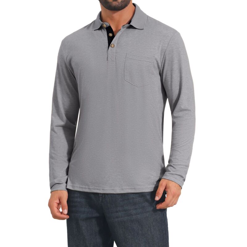 インスパイア シック レディース トップス Tシャツ ポロシャツ コントラスト INSPIRE CHIC Men's Contrast Button Collared Pocket Long Sleeves Golf Polo T-Shirts Light Gray グレー|ReVida 店