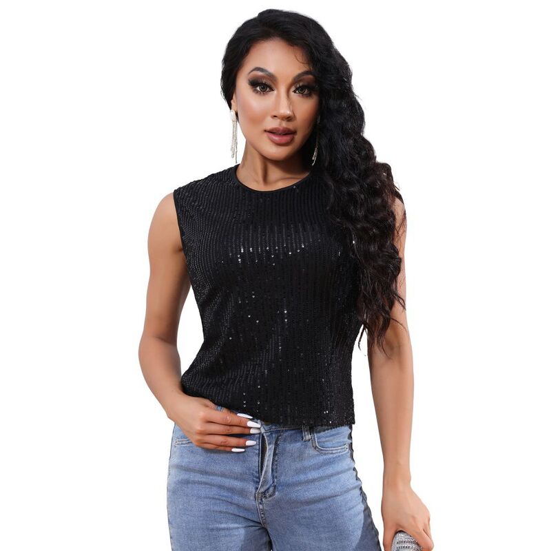 イエスファッション レディース トップス シャツ スパンコール ノースリーブラウス Yesfashion Womensequin Topscoop Neck Sequin Sparkle Shimmer Sleeveless Tanks Tops Cocktail Party Blouses Black ブラック｜ReVida 店