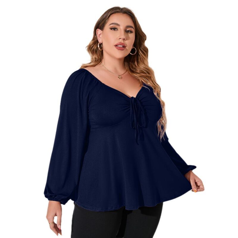 イエスファッション レディース トップス シャツ プラスサイズ フリル シャーリング ブラウス Yesfashion Womens Plus Blouses Long Sleeve Sweetheart Neckline Babydoll Ruffle Peplum Smocked Casual Fall Tops Navy Blue ネイビー|ReVida 店