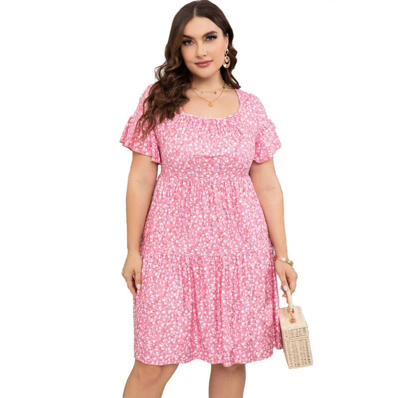 セオリア レディース トップス ワンピース プラスサイズ フリル Seoria Plusize Dress Women Square Neck Ruffle Sleeve Summer Dress Plusize Dress Clothing Pink Flower ピンク｜ReVida 店