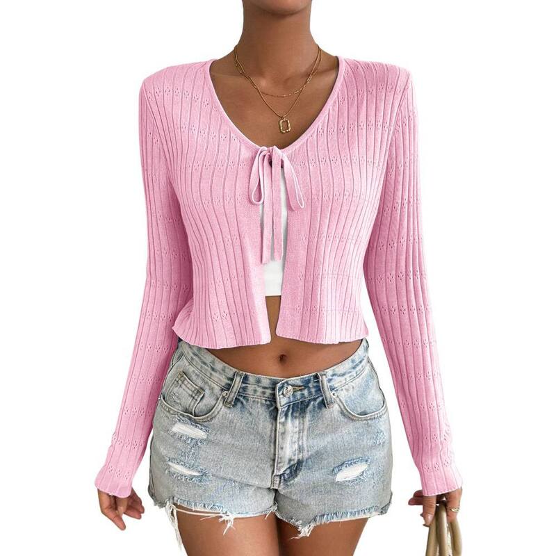 イエスファッション レディース アウター ニット・セーター カーディガン クロップド Yesfashion Women's Long Sleeve Cropped Cardigan Lightweight Knitie Front Sweater Pink ピンク|ReVida 店