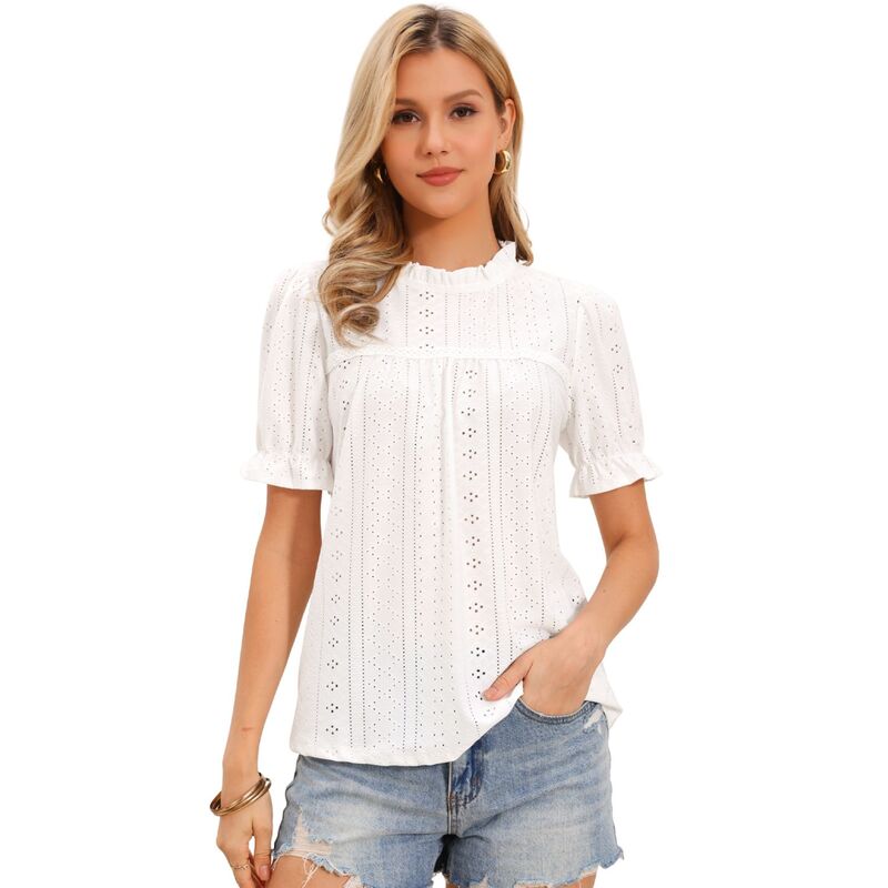インスパイア シック レディース トップス シャツ フリル 刺繍 ブラウス レース INSPIRE CHIC Boho Puffy Sleeve Tops for Women's Casual Ruffle Shirt Eyelet Embroidered Lace Blouse White ホワイト|ReVida 店