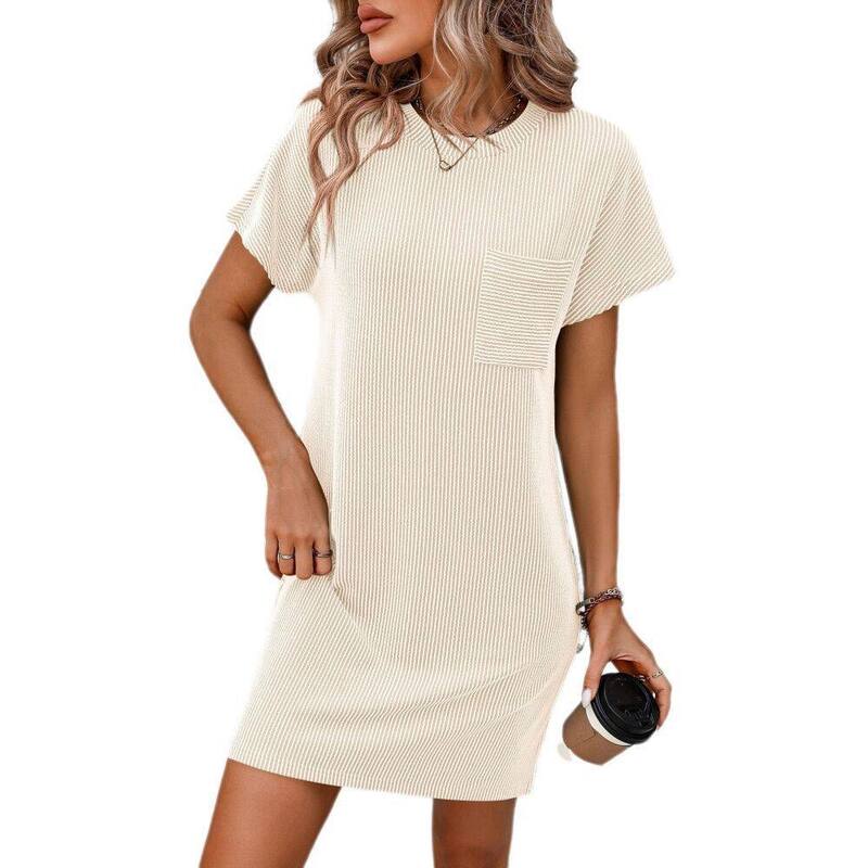 イエスファッション レディース トップス ワンピース クルーネック ミニ シャツ Yesfashion Womens Casual Short Sleeve Dress Lounge Crewneck Stripe Mini Summer Tshirt Dress with Pockets Apricot アプリコット｜ReVida 店