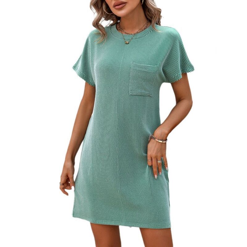 イエスファッション レディース トップス ワンピース クルーネック ミニ シャツ Yesfashion Womens Casual Short Sleeve Dress Lounge Crewneck Stripe Mini Summer Tshirt Dress with Pockets Forest Green グリーン｜ReVida 店