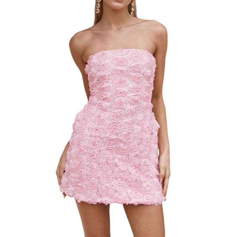 イエスファッション レディース トップス ワンピース フラワー柄 ミニ ストラップレス フラワー Yesfashion Womenstrapless Mini Dresshort Bodycon Off Shoulder Stretchy 3D Floral Appliques Pink ピンク|ReVida 店