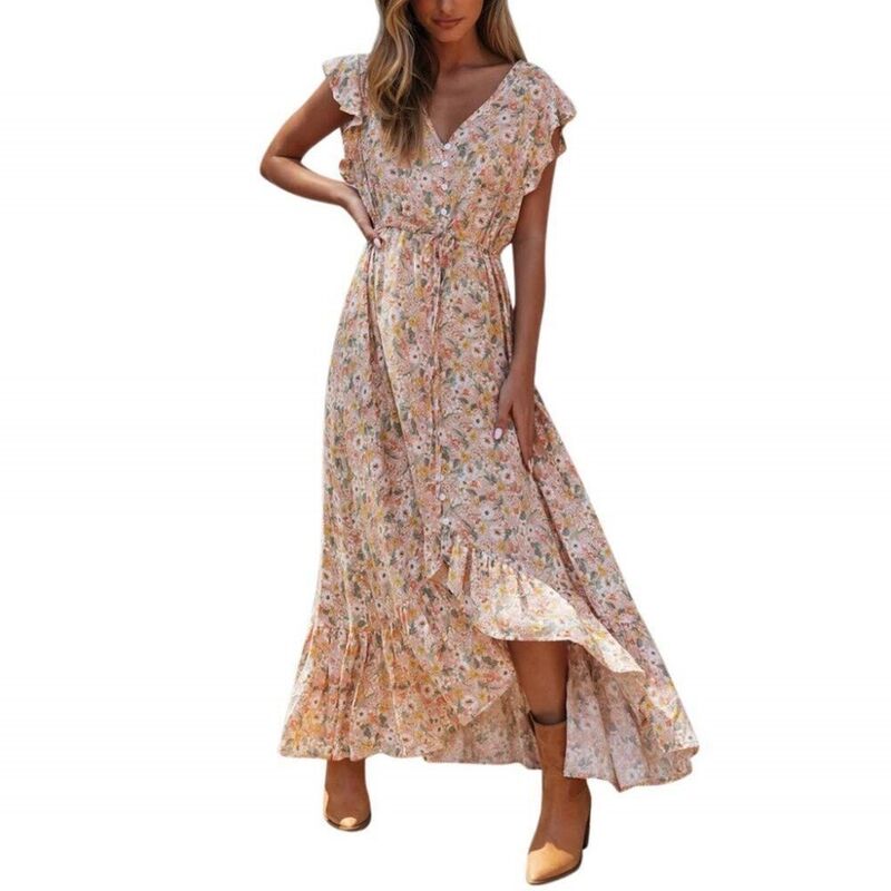 イエスファッション レディース トップス ワンピース A ライン シャーリング キャップ マキシ Yesfashion Womens Boho Cap Sleeve Dress Casual Square Neck Flower A-line Smocked Beach Dressummer Maxi Dress Orange Flower オレンジ｜ReVida 店
