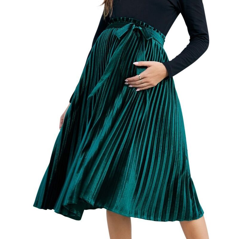救い主流行り物 レディース 下つ方スコート 筋目 フラウンス 天鵝絨 マタニティ Yesfashion Maternity Skirts Velvet High Elastic Waisted Pleated Ruffle Flowy Swing Holiday Skirt with Belt Dark Green 緑であること