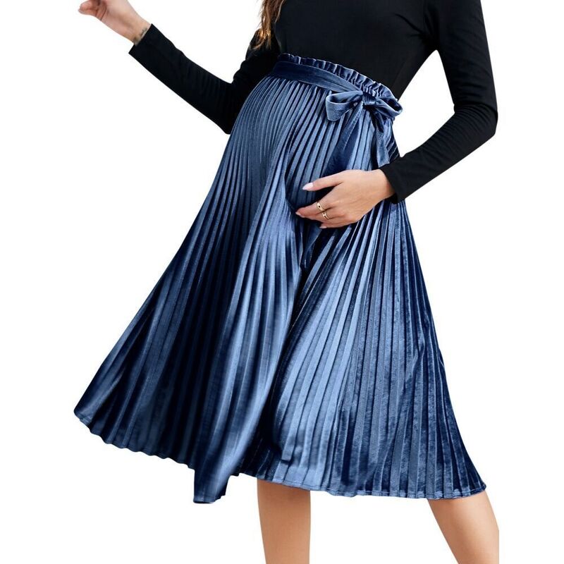 救い主流行り物 レディース 下つ方スコート 筋目 フラウンス 天鵝絨 マタニティ Yesfashion Maternity Skirts Velvet High Elastic Waisted Pleated Ruffle Flowy Swing Holiday Skirt with Belt Lake Blue 青色