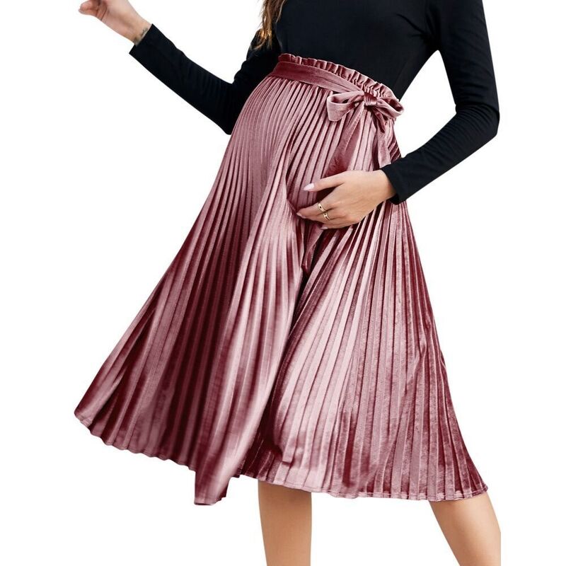 救い主流行り物 レディース 下つ方スコート 筋目 フラウンス 天鵝絨 マタニティ Yesfashion Maternity Skirts Velvet High Elastic Waisted Pleated Ruffle Flowy Swing Holiday Skirt with Belt Pink サクラ色