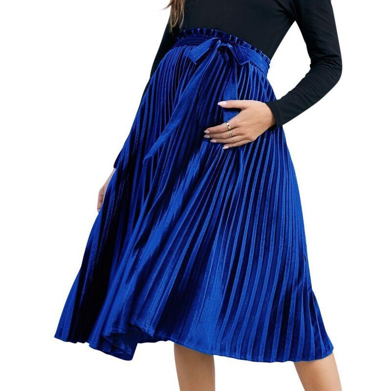 救い主流行り物 レディース 下つ方スコート 筋目 フラウンス 天鵝絨 マタニティ Yesfashion Maternity Skirts Velvet High Elastic Waisted Pleated Ruffle Flowy Swing Holiday Skirt with Belt Royal Blue 青色