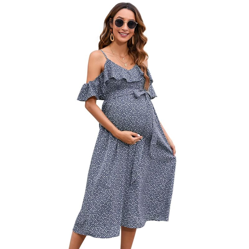 セオリア レディース トップス ワンピース ミディ マタニティ Seoria Women Maternity Dress Midi Flowy Flutter Sleeve with Tie Straps Dress Blue ブルー|ReVida 店