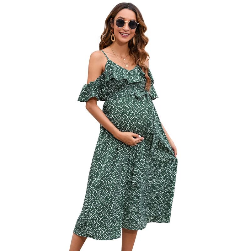 セオリア レディース トップス ワンピース ミディ マタニティ Seoria Women Maternity Dress Midi Flowy Flutter Sleeve with Tie Straps Dress Green グリーン|ReVida 店