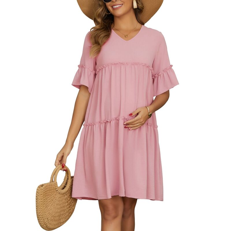 インスパイア シック レディース トップス ワンピース Vネック ティアード フリル マタニティ INSPIRE CHIC Women's Maternity Dress Babydoll Bohemian Tiered Ruffled Bell Sleeve V Neck Boho Pregnancy Dresses Pink ピンク|ReVida 店