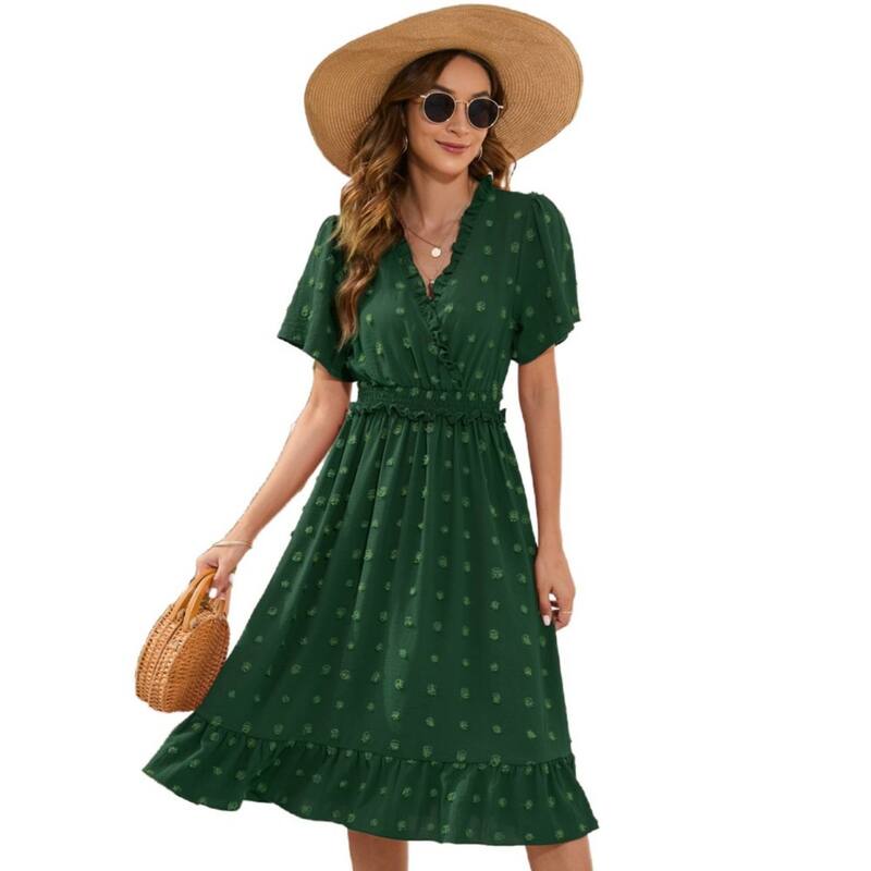 セオリア レディース トップス ワンピース Vネック ミディ Seoria Womens V Neck Dresshort Sleeve Casual Spring Summer Flowy Beach Vacation Midi Dresses Green グリーン|ReVida 店