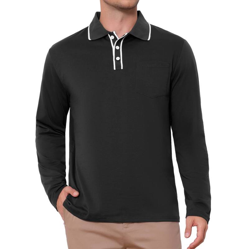 インスパイア シック レディース トップス Tシャツ ポロシャツ コントラスト INSPIRE CHIC Men's Casual Contrast Button Collared Pocket Long Sleeves Polo T-Shirts Black ブラック|ReVida 店