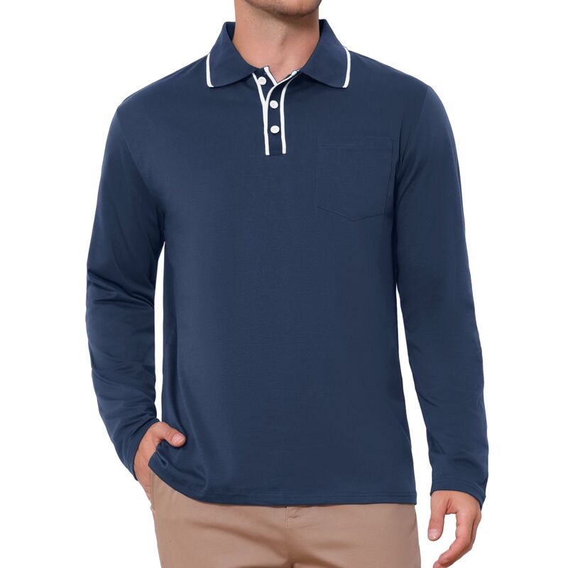 インスパイア シック レディース トップス Tシャツ ポロシャツ コントラスト INSPIRE CHIC Men's Casual Contrast Button Collared Pocket Long Sleeves Polo T-Shirts Dark Blue ブルー|ReVida 店