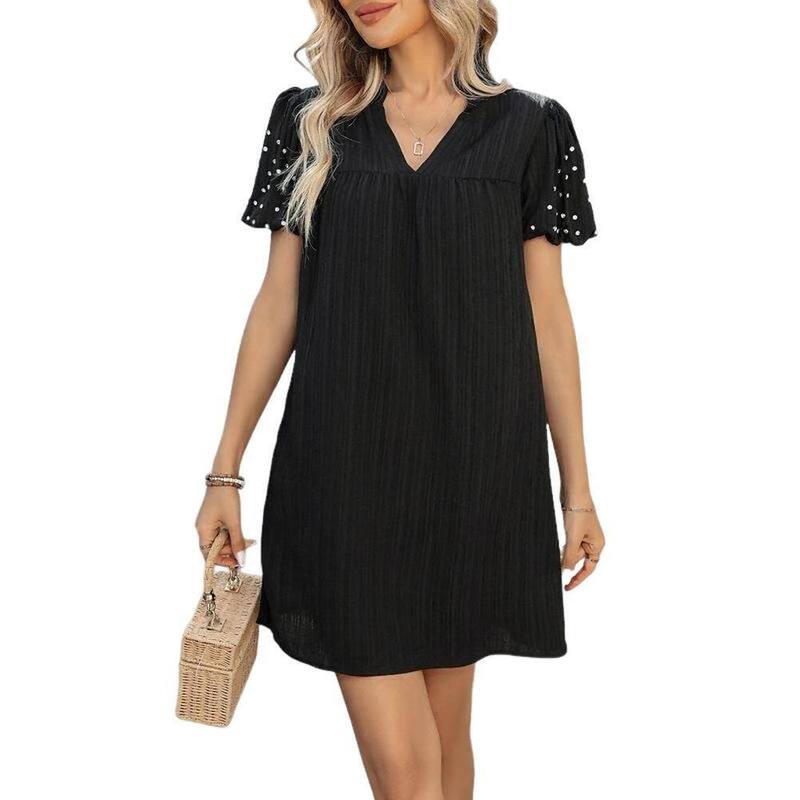 イエスファッション レディース トップス ワンピース Yesfashion Women\'s Lantern Short Sleeve Dresses Fashion Simple Straight Solid Color Dress Black ブラック｜ReVida 店