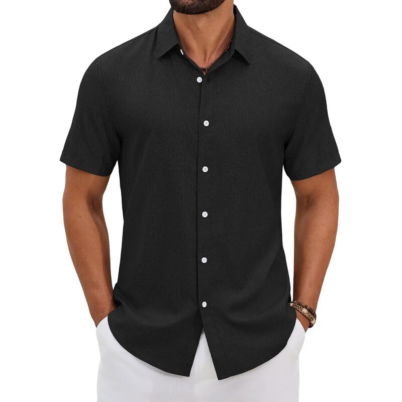 クーファンディ レディース トップス Tシャツ ボタンダウン リネン COOFANDY Mens Button Down Shirt Short Sleeve Lightweight Casual Summer Beach Shirtextured Linen Black ブラック｜ReVida 店