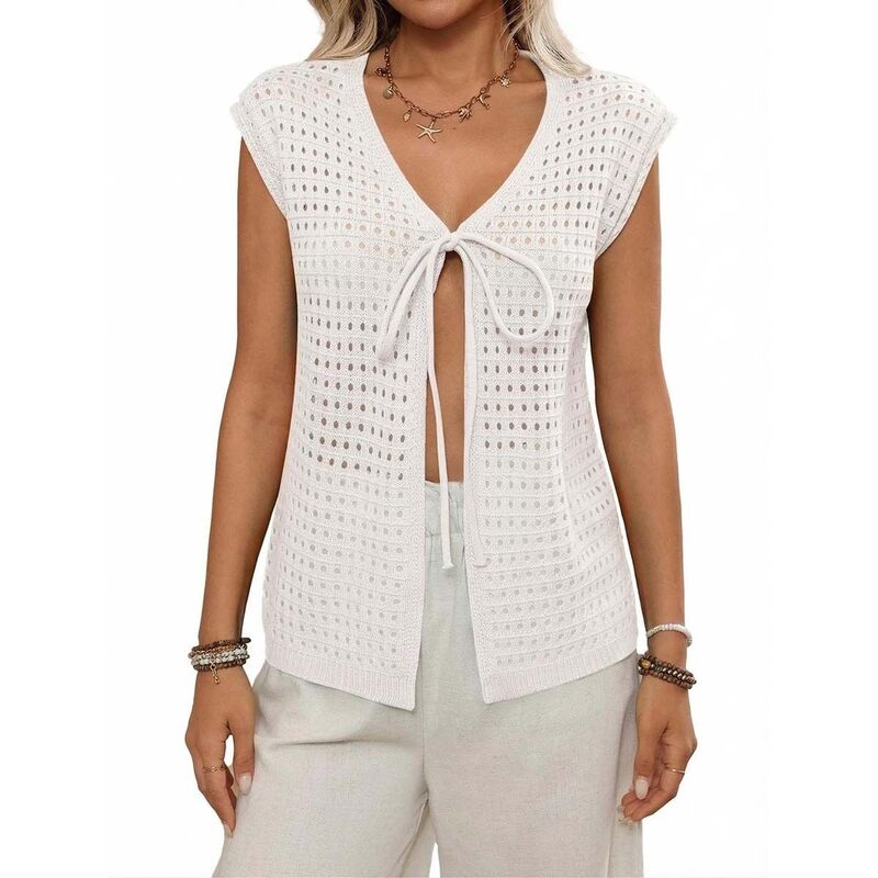 セオリア レディース アウター ニット・セーター Vネック ベスト カーディガン Seoria Crochet Knitie Front V Neck Short Sleeve Hollow Out Sweater Vest Cardigan Off White オフホワイト｜ReVida 店