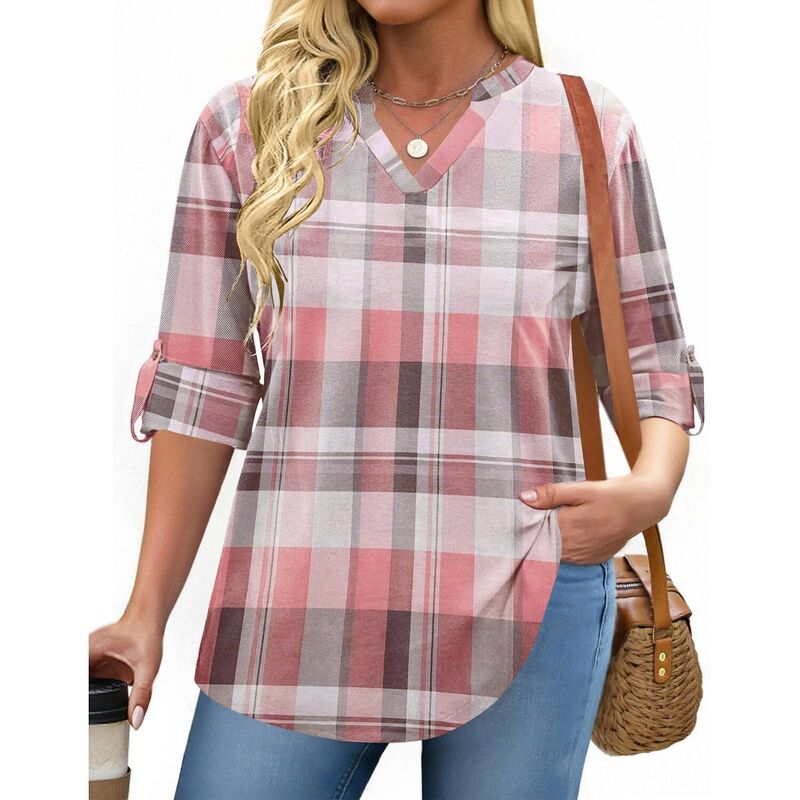 ジーグー レディース トップス Tシャツ Vネック プラスサイズ ブラウス Zeagoo Women's Plaid V Neck Long Sleeve Topsoft Casual Business Work Plusize Blouses Pink ピンク|ReVida 店