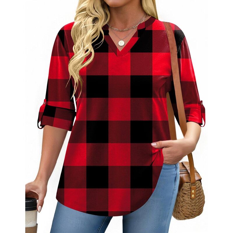 ジーグー レディース トップス Tシャツ Vネック プラスサイズ ブラウス Zeagoo Women's Plaid V Neck Long Sleeve Topsoft Casual Business Work Plusize Blouses Red Plaid レッド|ReVida 店