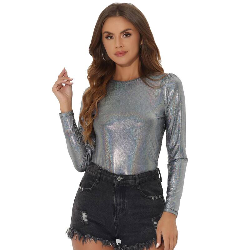 アレグラ ケー レディース トップス シャツ トール ALLEGRA K Women's Long Sleeve Sparkly Party Glitter Shiny Metallic Topshirt Black Multicolor ブラック｜ReVida 店