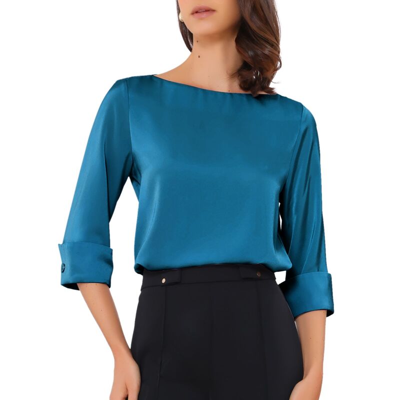 インスパイア シック レディース トップス シャツ サテン ブラウス INSPIRE CHIC Satin Blouse for Women Dressy Casual Top Boat Neck 3/4 Sleeve Work Shirt Peacock Blue ブルー｜ReVida 店