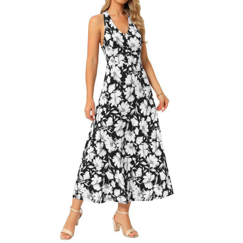 インスパイア シック レディース トップス ワンピース A ライン フラワー柄 マキシ フラワー ホルター INSPIRE CHIC Women's Floral Maxi Dress Halter Neck Sundress A-line Fitted High Waisted Beach Long Summer Dresses Black ブラック|ReVida 店