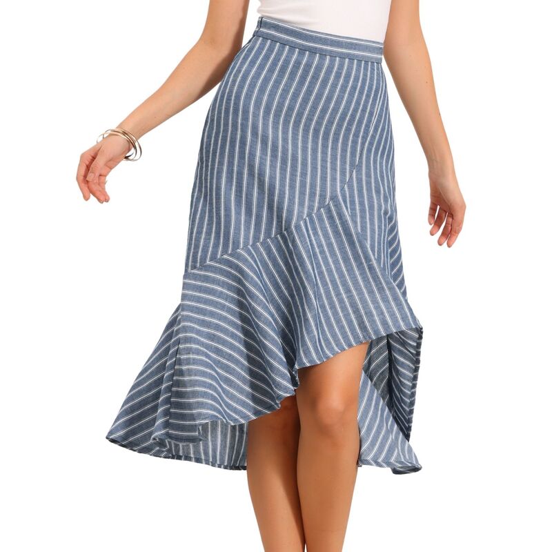 インスパイア 今めかしい レディース 下つ方スコート A 生産ライン フラウンス MIDI INSPIRE CHICasual Stripe Skirt for Women\u0027summer High Low Hem Ruffles A-Line Midi Skirts Light Blue 青色