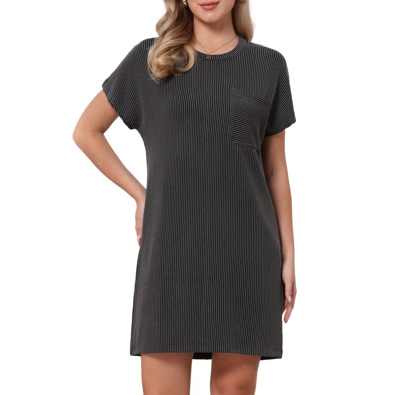 インスパイア シック レディース トップス ワンピース クルーネック ミニ シャツ INSPIRE CHIC Striped t Shirt Dresses for Women'summer Crew Neck Short Sleeve Casual Shift Mini Dress Dark Gray グレー｜ReVida 店