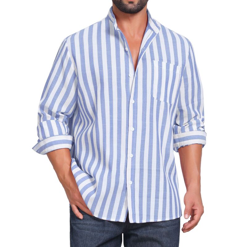 インスパイア シック レディース トップス Tシャツ ボタンダウン INSPIRE CHIC Men'stand Collar Shirts Long Sleeve Button Down Stripedresshirt with Chest Pocket Light Blue ブルー｜ReVida 店